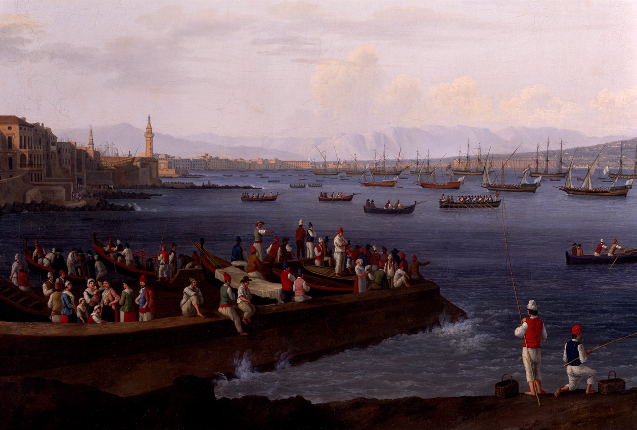 Jacob Philipp Hackert, il golfo di Napoli vicino a Santa Lucia: barche, pescatori e popolo sulla riva. Raccolta SPUN.