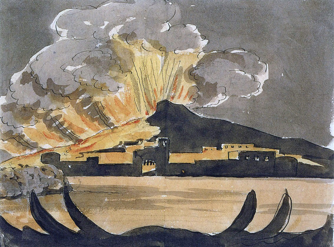 Johann Wolfgang Goethe, il Vesuvio in eruzione, acquerello, 1787: il fuoco della montagna che Goethe guardava dal Molo. Pubblico dominio.