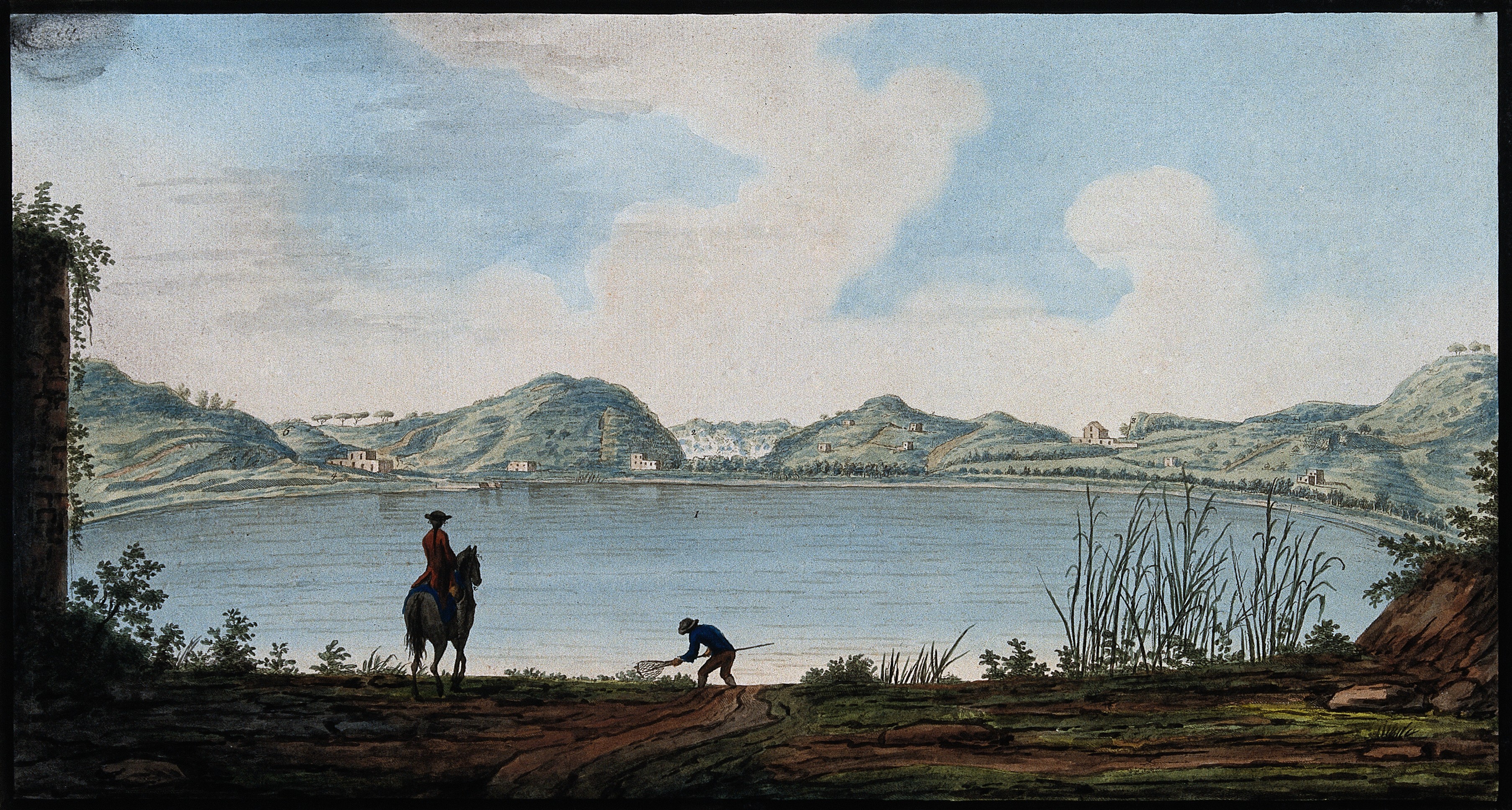 Der Agnano-See in den Phlegräischen Feldern, kolorierte Radierung von Pietro Fabris für William Hamiltons Campi Phlegraei, 1776. Wellcome Collection, CC BY 4.0.