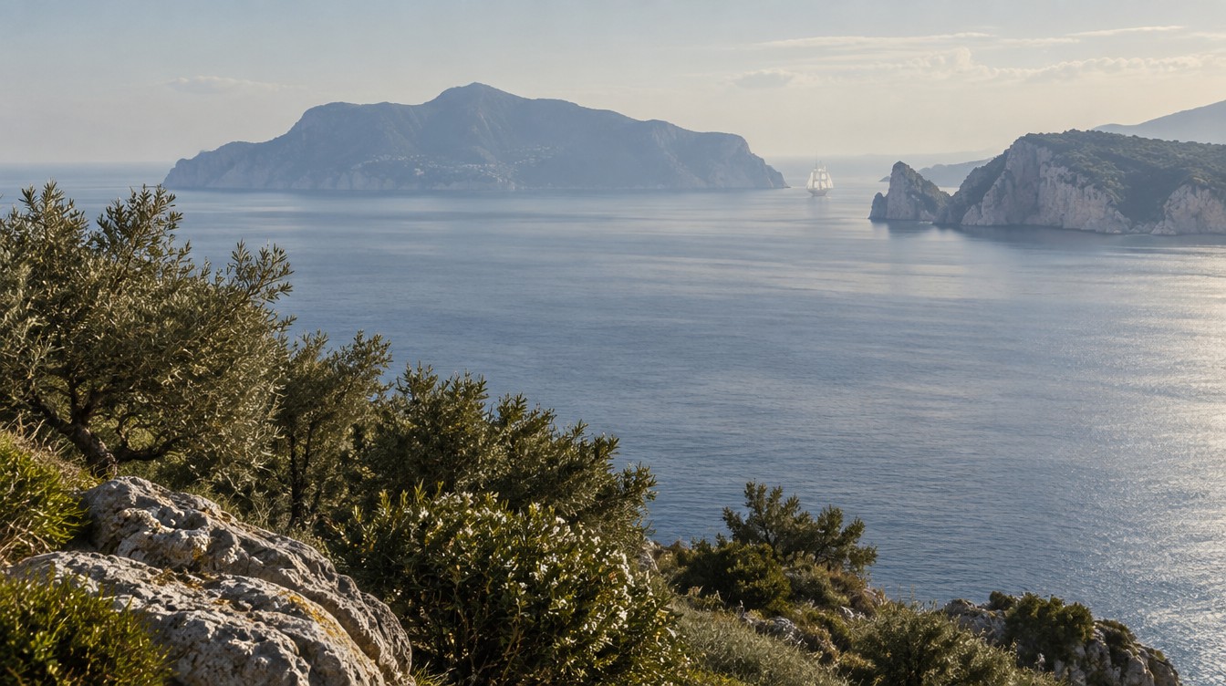 Le vele della fregata che spariscono fra Capri e Capo Minerva, 3 marzo 1787: ricostruzione AI (SPUN, 2026).