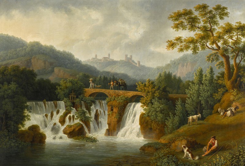 Jacob Philipp Hackert, veduta di capriccio della valle del Canneto a Cava de' Tirreni, con figure su un ponte sopra le cascate. Pubblico dominio, Wikimedia Commons.