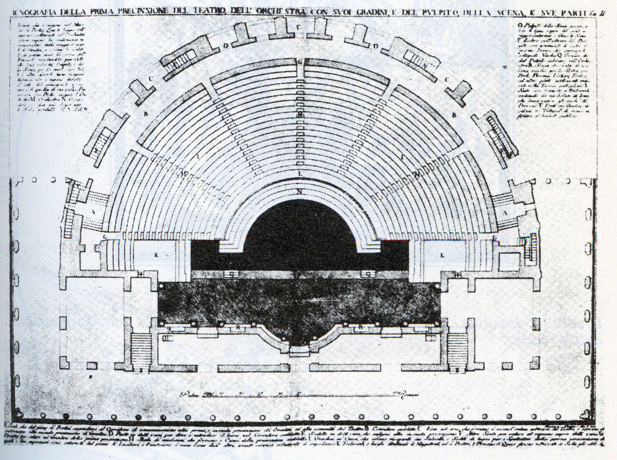Pianta del teatro antico di Ercolano, acquaforte della bottega Piranesi (probabilmente Francesco Piranesi), fine del Settecento. Pubblico dominio, Wikimedia Commons.