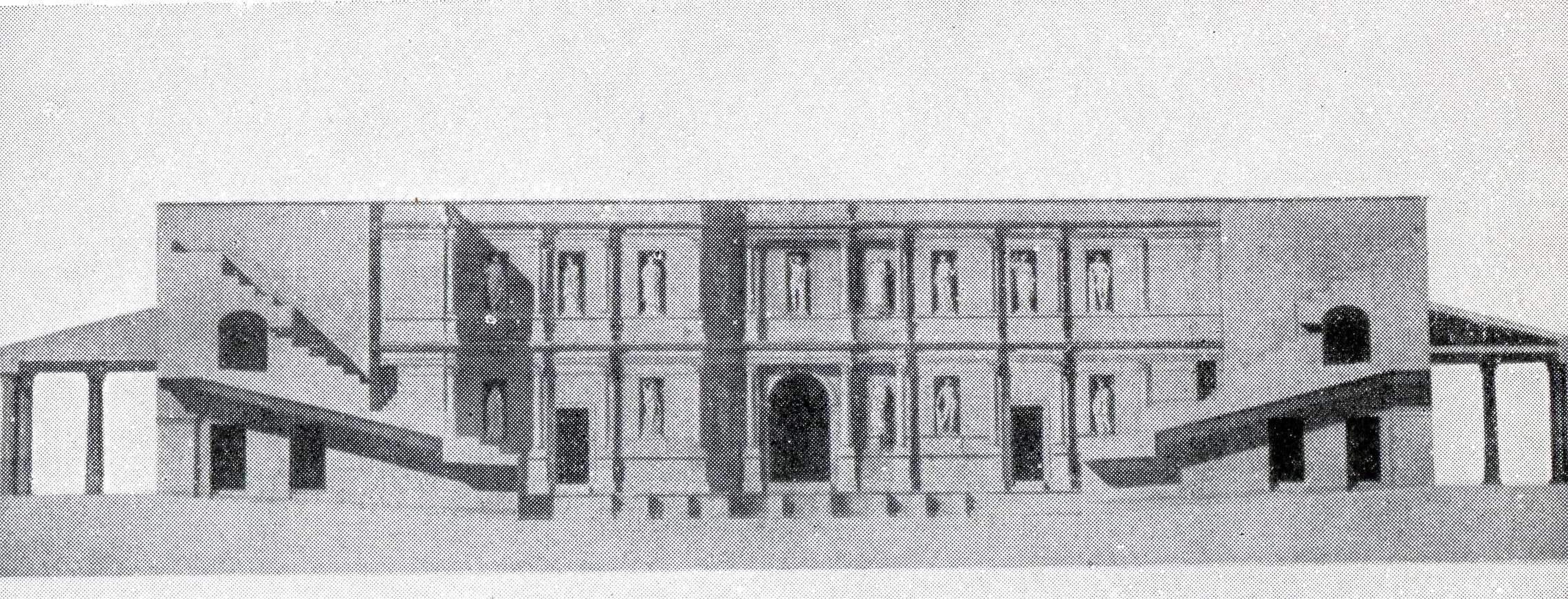 François Mazois, ricostruzione della scena del teatro di Ercolano, inizio dell'Ottocento. Pubblico dominio, Wikimedia Commons.