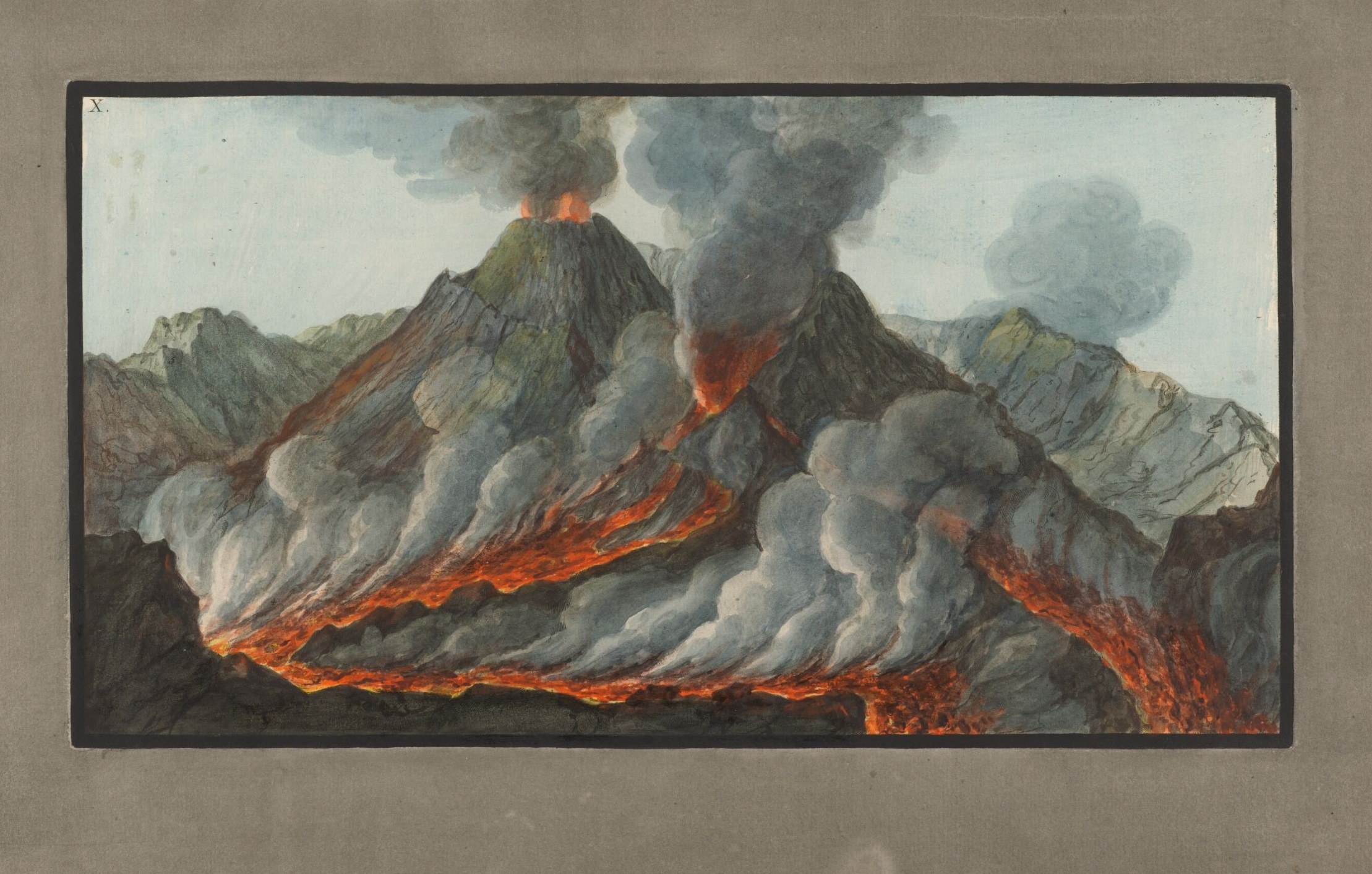 Pietro Fabris, der Kegel des Vesuvs im Ausbruch, Tafel X von William Hamiltons Campi Phlegraei, 1776. Gemeinfrei, Wikimedia Commons.