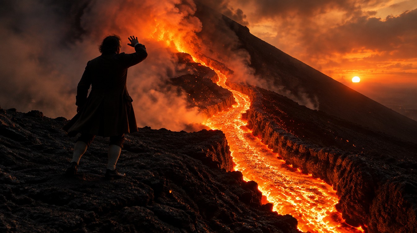 La terza salita, 20 marzo 1787: la lava esce dal fumo e scorre in un canale che si costruisce da sé, «come un ruscello di mulino». Al tramonto il terribile e il bello si annullano a vicenda. Ricostruzione AI (SPUN, 2026).