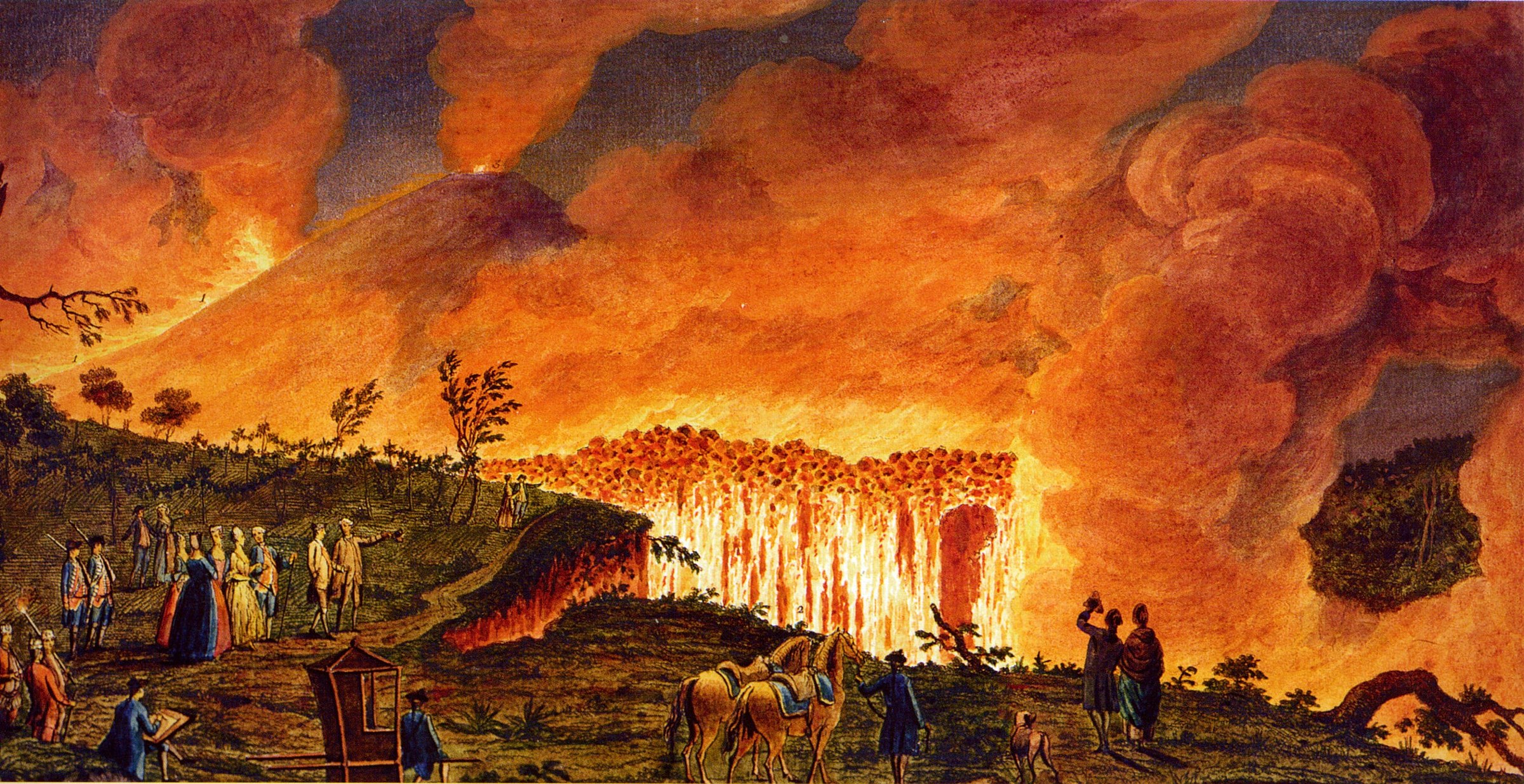 Pietro Fabris, visitatori presso una colata di lava del Vesuvio, 1771, tavola XXXVIII dei Campi Phlegraei di William Hamilton. Pubblico dominio, Wikimedia Commons.