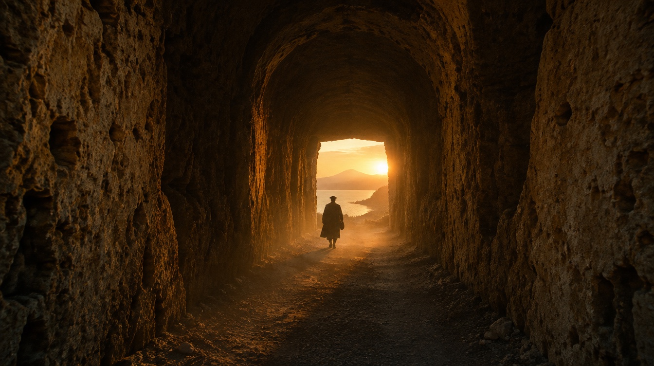 La grotta di Posillipo attraversata dal sole al tramonto, 27 febbraio 1787, ricostruzione AI (SPUN, 2026).