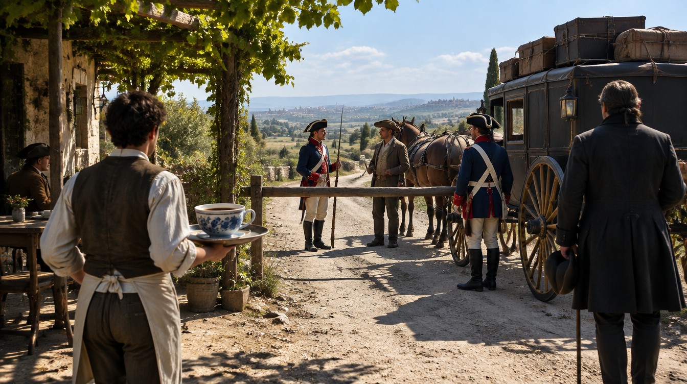 L'ultima barriera, 3 giugno 1787: mentre i gabellieri trattano con il vetturino, Kniep esce da un caffè con la più grande tazza cinese piena di caffè nero. Ricostruzione AI (SPUN, 2026).
