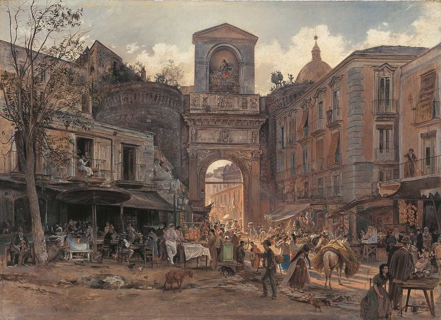 Rudolf von Alt, la Porta Capuana a Napoli, 1867 (Monaco, Bayerische Staatsgemäldesammlungen): la porta della città verso Capua, qui ottant'anni dopo Goethe. Pubblico dominio, Wikimedia Commons.