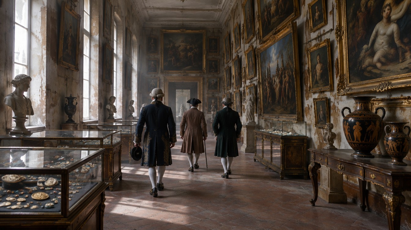 The gallery at Capodimonte on 9 March 1787: paintings, coins and gems of the Farnese collection, displayed without grace but precious. AI reconstruction (SPUN, 2026).