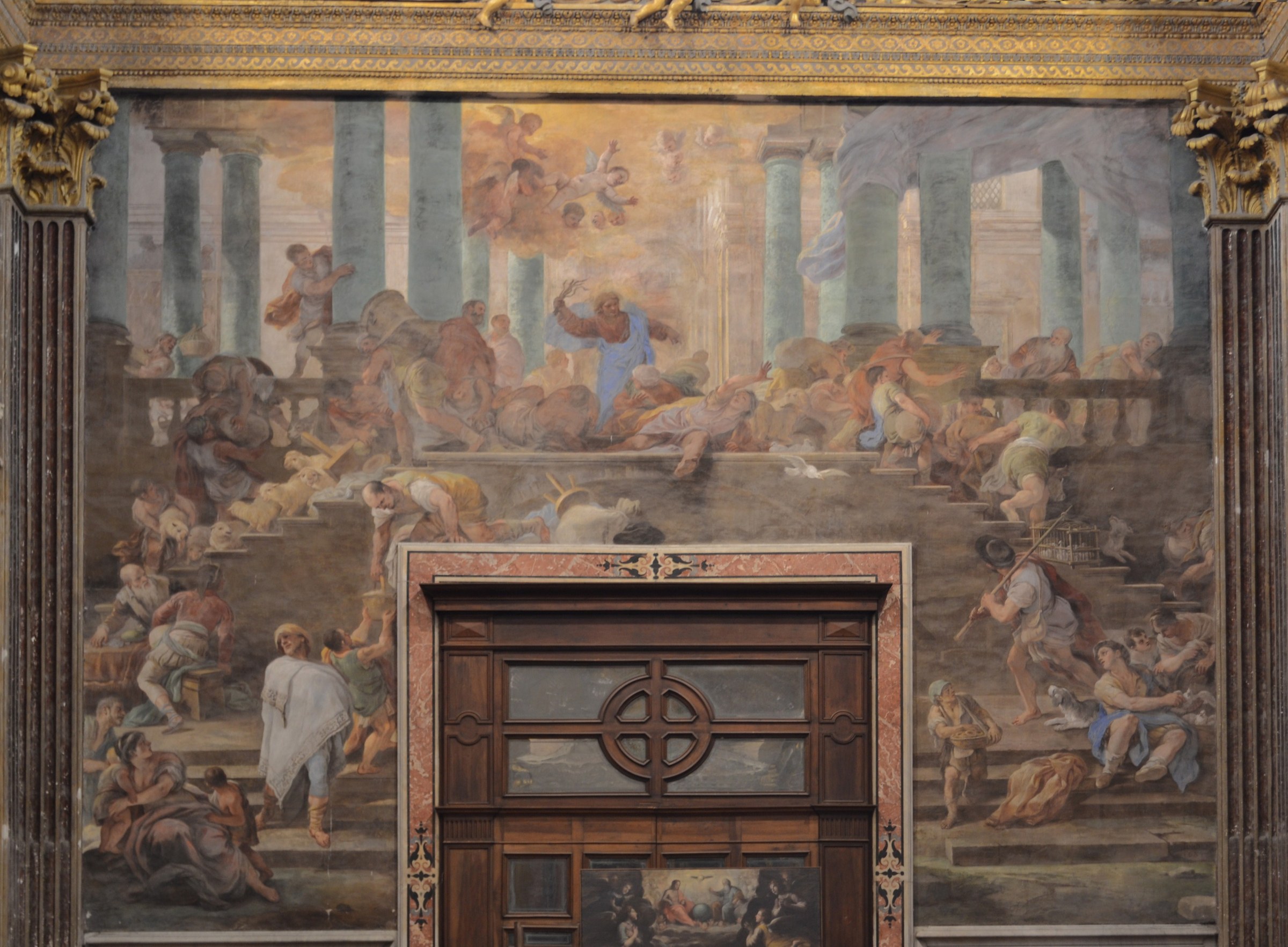 Luca Giordano, Cacciata dei mercanti dal tempio, 1684, affresco della controfacciata dei Girolamini: probabilmente il «Cristo che caccia i mercanti» visto da Goethe il 5 marzo 1787. Foto Giuseppe Guida. Pubblico dominio, Wikimedia Commons.