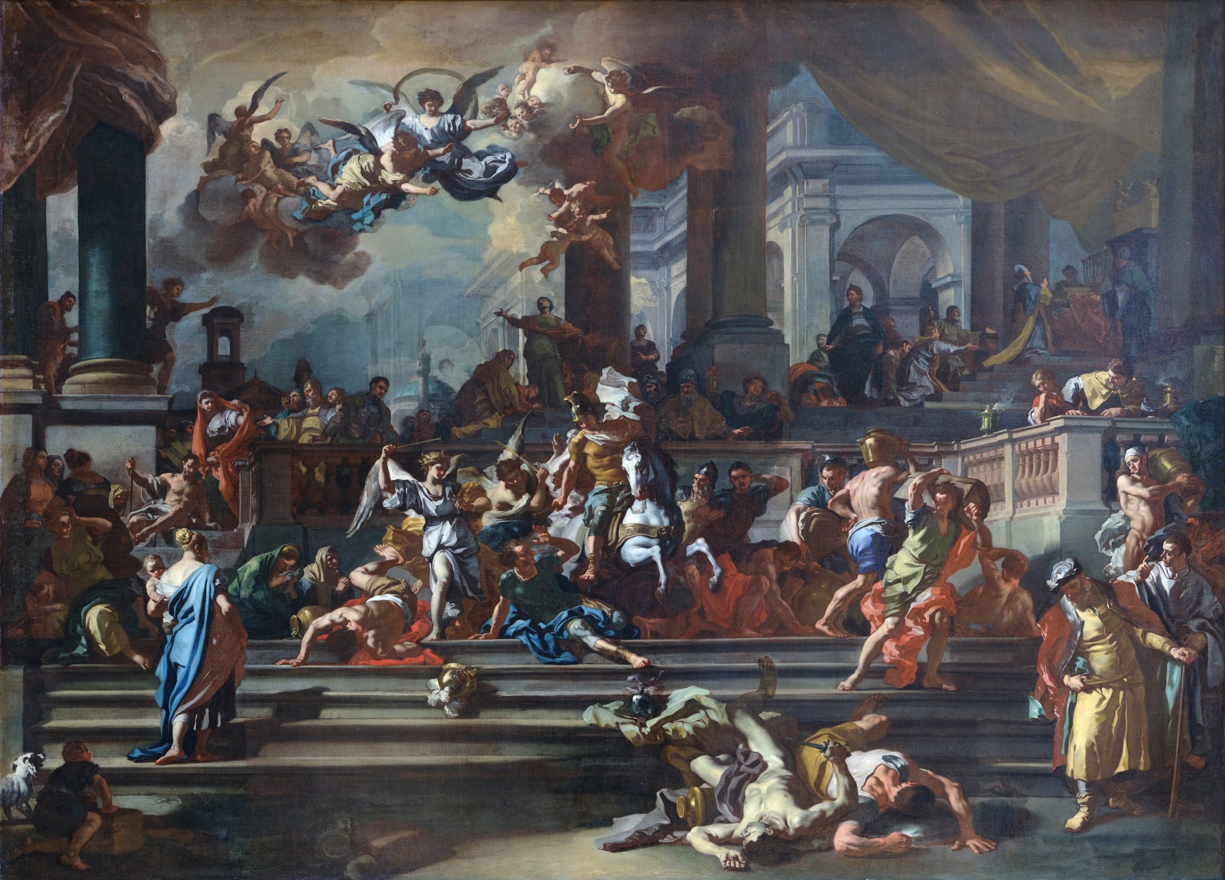 Francesco Solimena, Eliodoro cacciato dal Tempio, modello su tela (Louvre) per l'affresco della controfacciata del Gesù Nuovo, anni 1720: la «Cacciata di Eliodoro» del diario. Pubblico dominio, Wikimedia Commons.