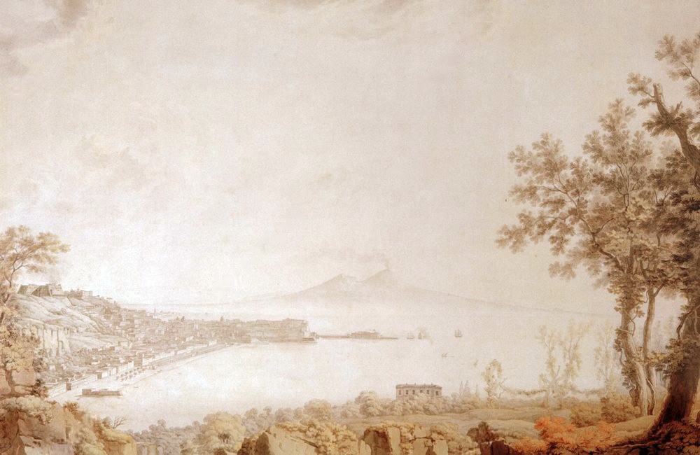 Christoph Heinrich Kniep, der Golf von Neapel mit dem Vesuv, von Posillipo aus, 1787, Aquarell über Federzeichnung. Gemeinfrei, Wikimedia Commons.