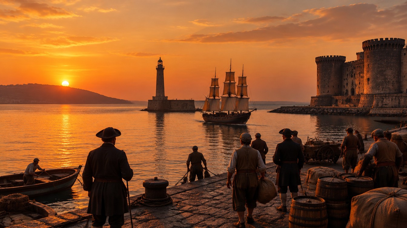 The Molo at sunset on 29 March 1787: the corvette for Palermo sets sail with a company of singers and dancers. AI reconstruction (SPUN, 2026).
