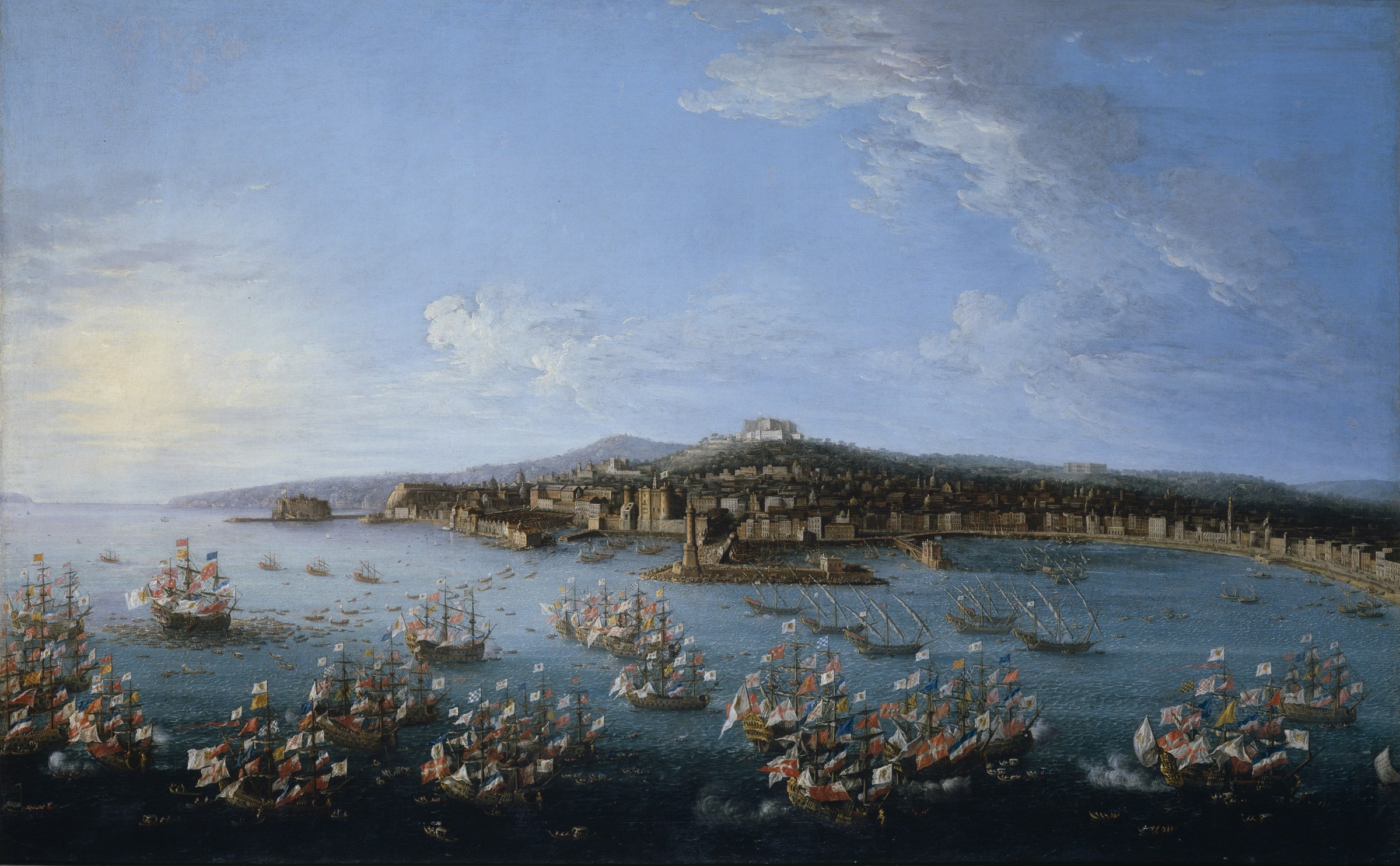 Antonio Joli, Charles of Bourbon leaving the harbour of Naples, 1759 (Prado): the Molo and the lighthouse seen from the sea. Public domain, Wikimedia Commons.