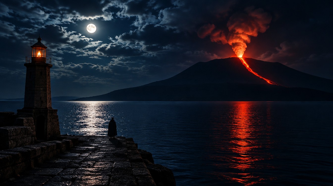 Di notte al Molo, fine maggio 1787: in un solo sguardo la luna, le nuvole, il riflesso sul mare, il faro e il fuoco del Vesuvio. Ricostruzione AI (SPUN, 2026).