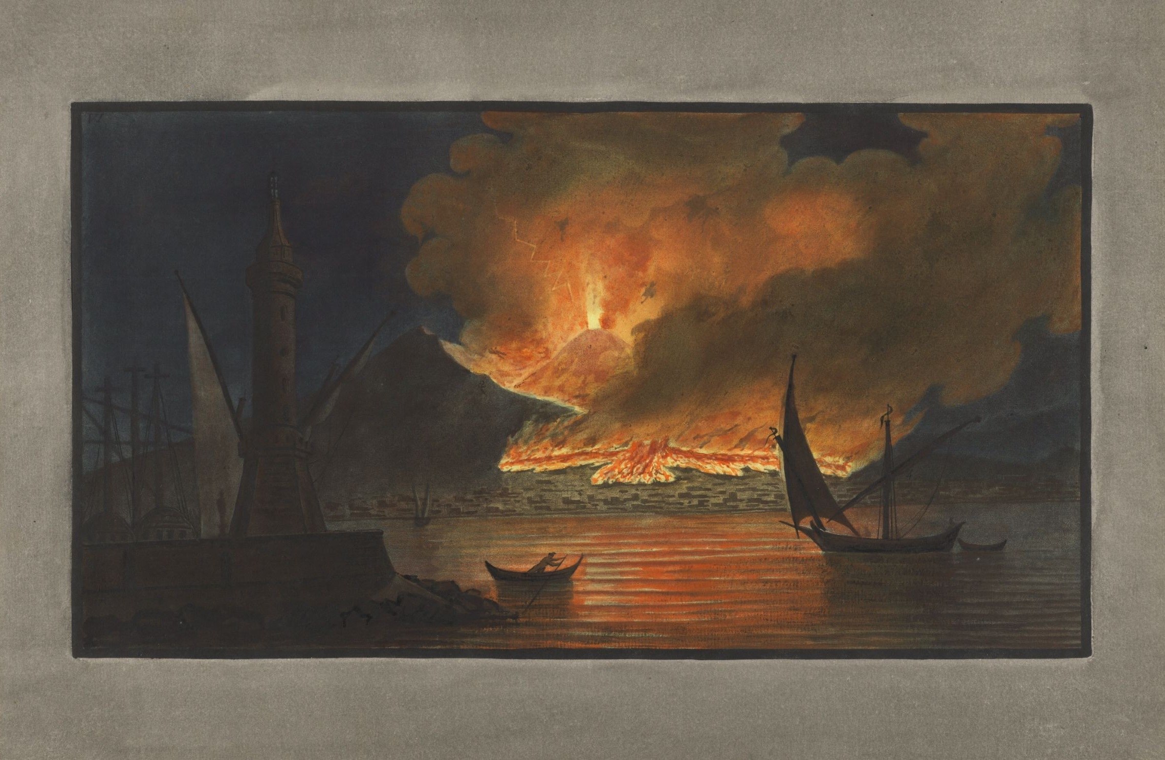 Pietro Fabris, l'eruzione notturna del 1767 vista dal Molo di Napoli, con la Lanterna, tavola VI dei Campi Phlegraei di William Hamilton, 1776. Pubblico dominio, Wikimedia Commons.