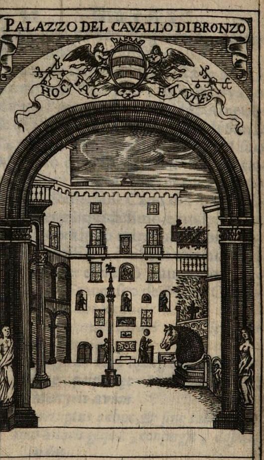 Der Hof des Palazzo Diomede Carafa mit dem Pferdekopf, Stich, 1685 von Antonio Bulifon veröffentlicht. Gemeinfrei, Wikimedia Commons.