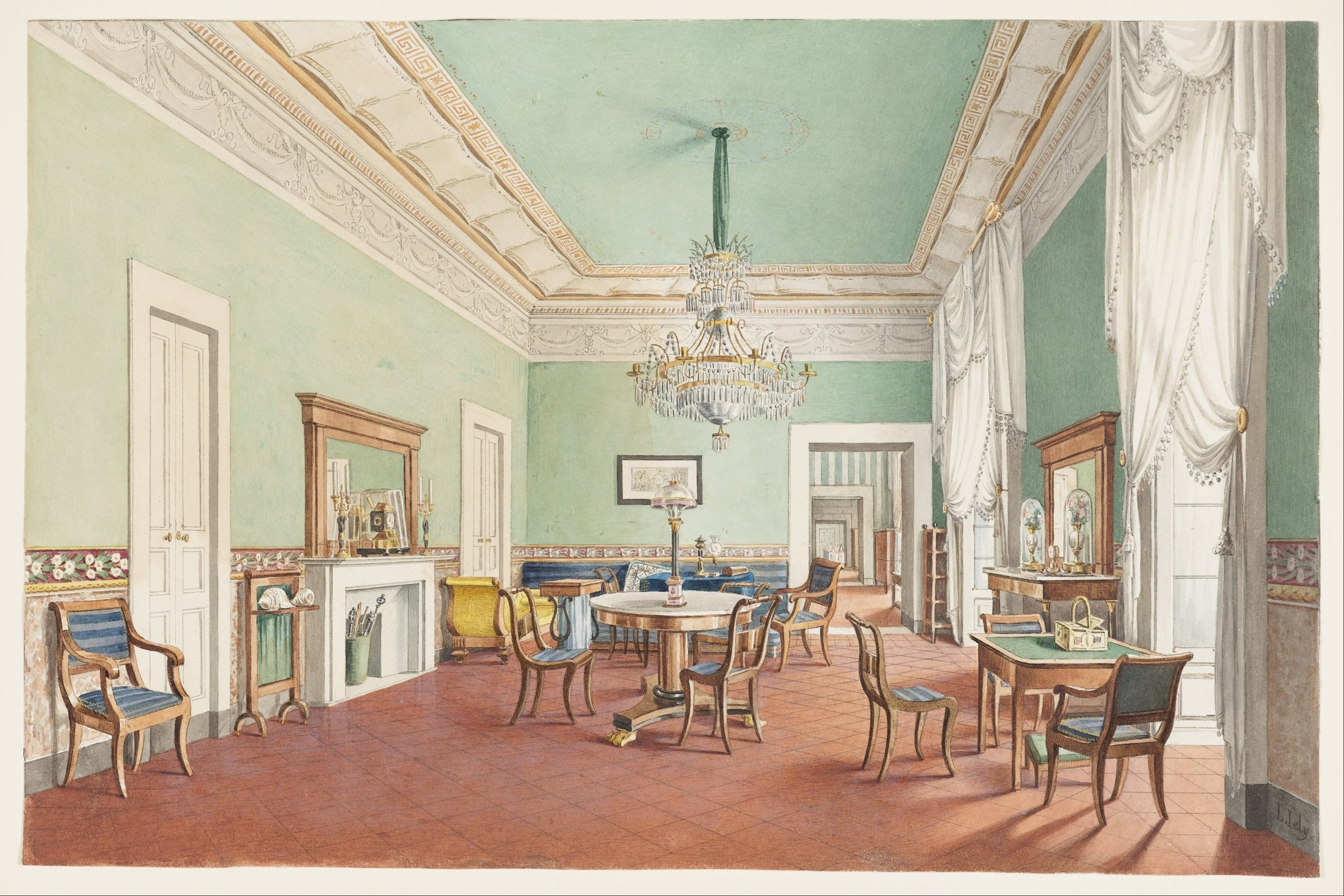 L. Iely, un salone di Palazzo Satriano a Napoli, acquerello del 1829 (Cooper Hewitt). Pubblico dominio, Wikimedia Commons.