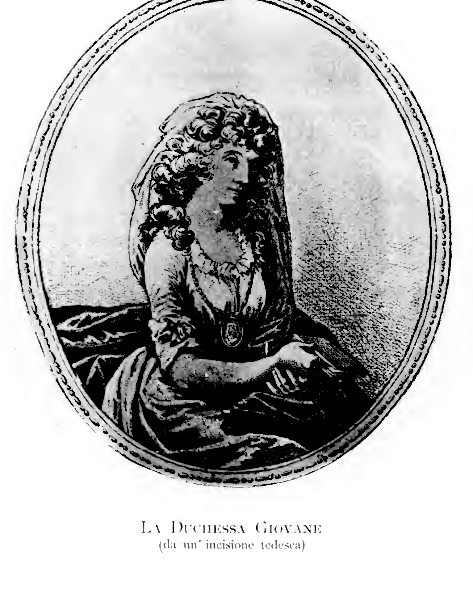 Die Herzogin von Giovane, nach einem deutschen Stich: die gebildete junge deutsche Dame, die am Abend des 2. Juni 1787 den Laden zum Vesuv öffnete. Tafel in Benedetto Croce, Volfango Goethe a Napoli, 1903; gemeinfrei.