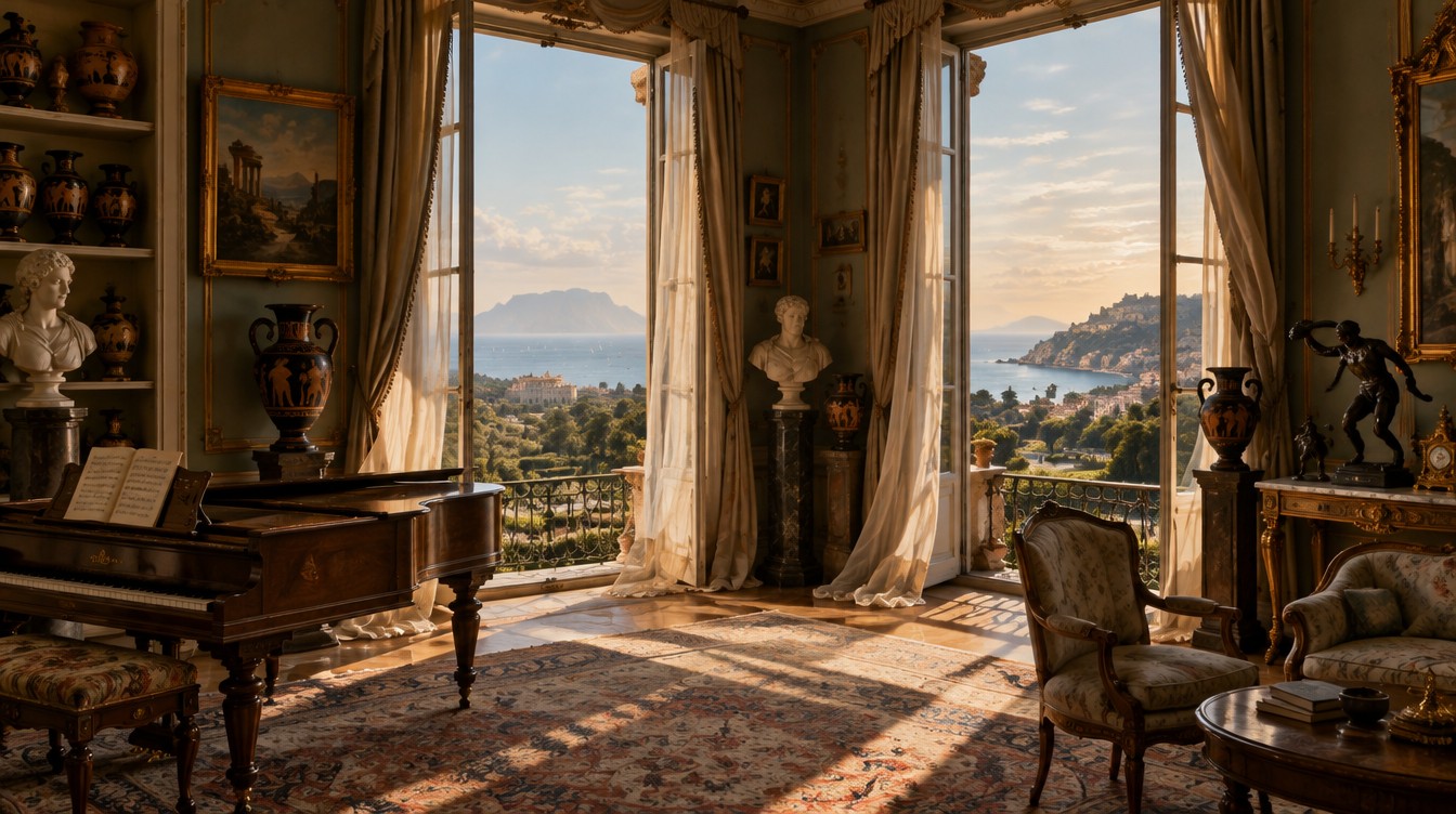 The corner room of Palazzo Sessa, William Hamilton's house: English furnishings, antique busts and vases, and a view perhaps unique over the sea, Capri and Posillipo. AI reconstruction (SPUN, 2026).