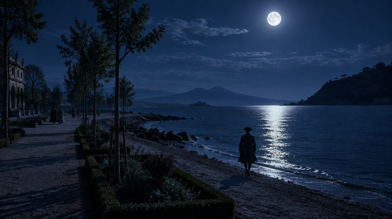 La Chiaia in una notte di luna piena, 5 marzo 1787, con i giardini della Villa Reale aperti da pochi anni: «la passeggiata smisurata». Ricostruzione AI (SPUN, 2026).