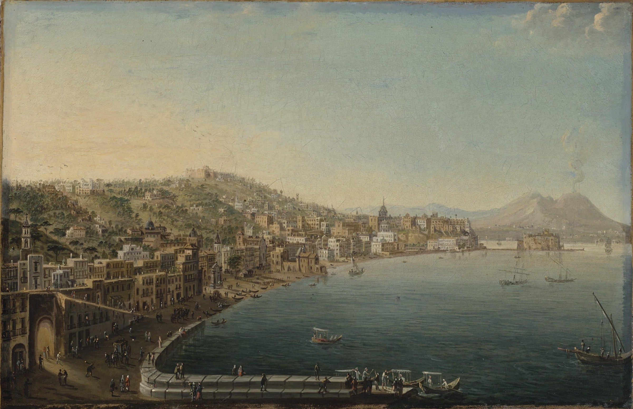Pietro Antoniani, la Riviera di Chiaia dal convento di Sant'Antonio a Posillipo, fine del Settecento: la «passeggiata smisurata» con il Vesuvio sullo sfondo. Pubblico dominio, Wikimedia Commons.