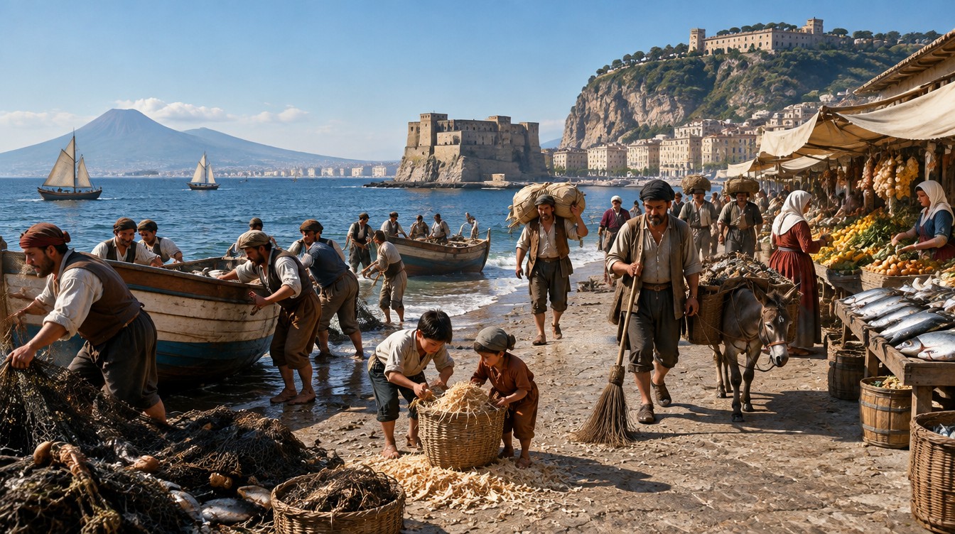 La marina di Santa Lucia il 28 maggio 1787: pescatori, facchini, bambini che raccolgono trucioli, spazzini con gli asini. Tutti lavorano: dei «quarantamila oziosi» nessuna traccia. Ricostruzione AI (SPUN, 2026).