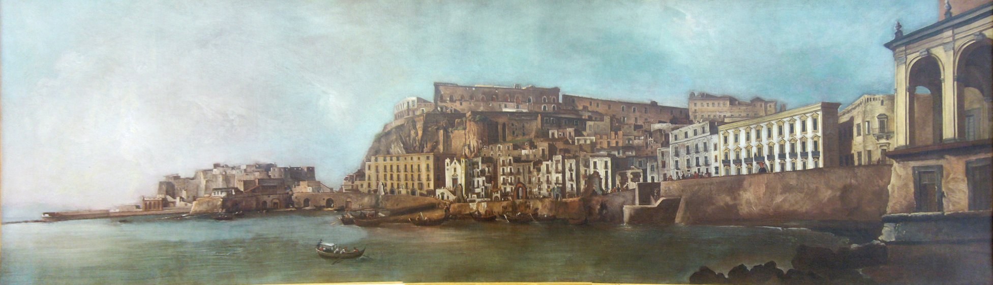 «Vue de Santa Lucia à Naples», dipinto anonimo del Settecento (Nantes, Musée d'Arts): la spiaggia e il borgo sotto Pizzofalcone. Pubblico dominio, Wikimedia Commons.