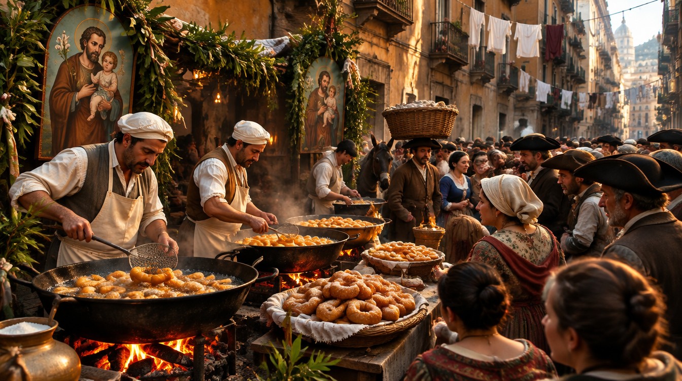 I friggitori di San Giuseppe, 19 marzo 1787: le zeppole, allora semplici ciambelle fritte, e la folla smisurata in cui Goethe si sente solo e calmo. Ricostruzione AI (SPUN, 2026).