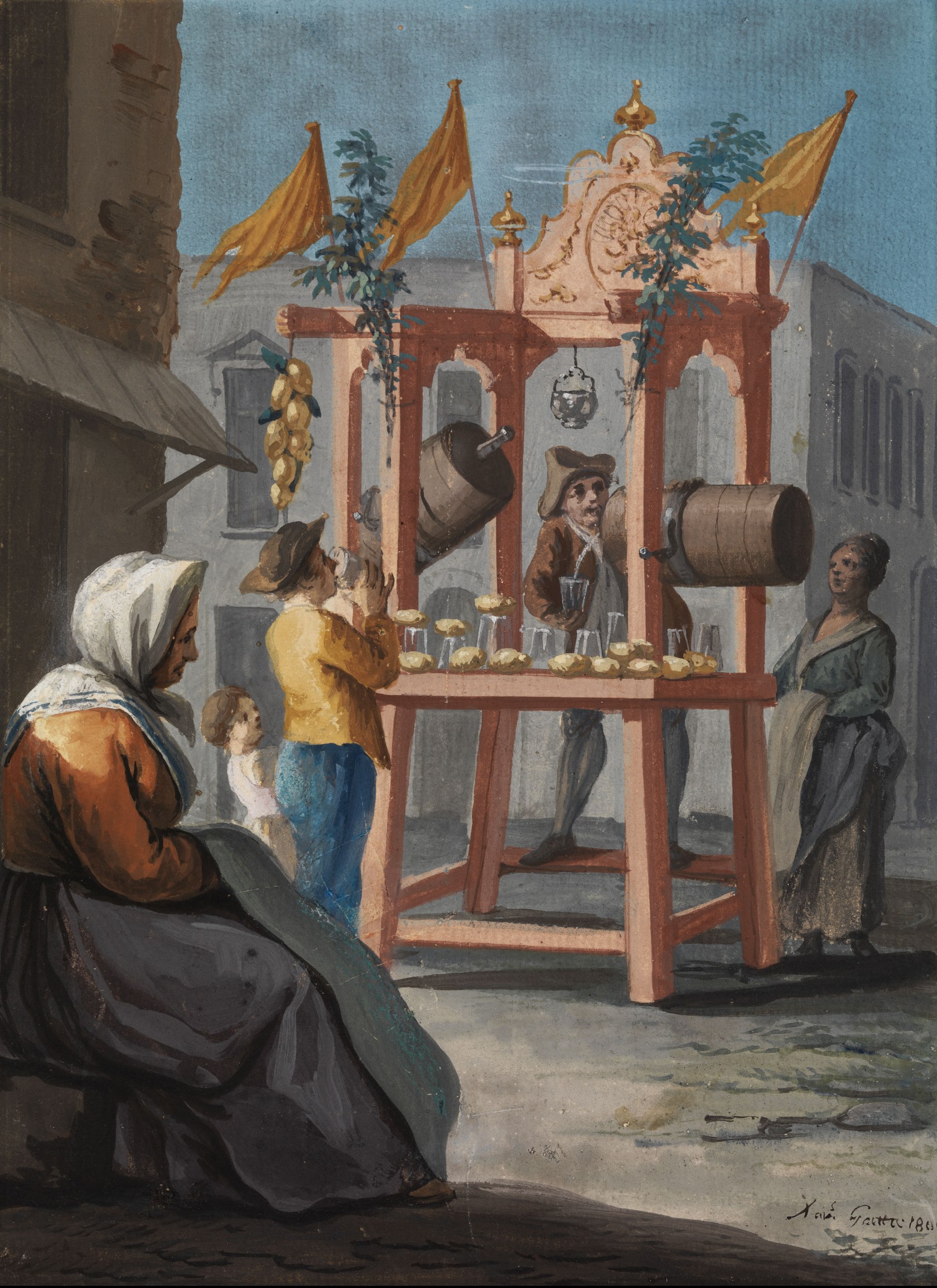 Saverio Della Gatta, il venditore di limonata, gouache, primi dell'Ottocento: il popolo napoletano che Goethe osserva per strada. Pubblico dominio, Wikimedia Commons.