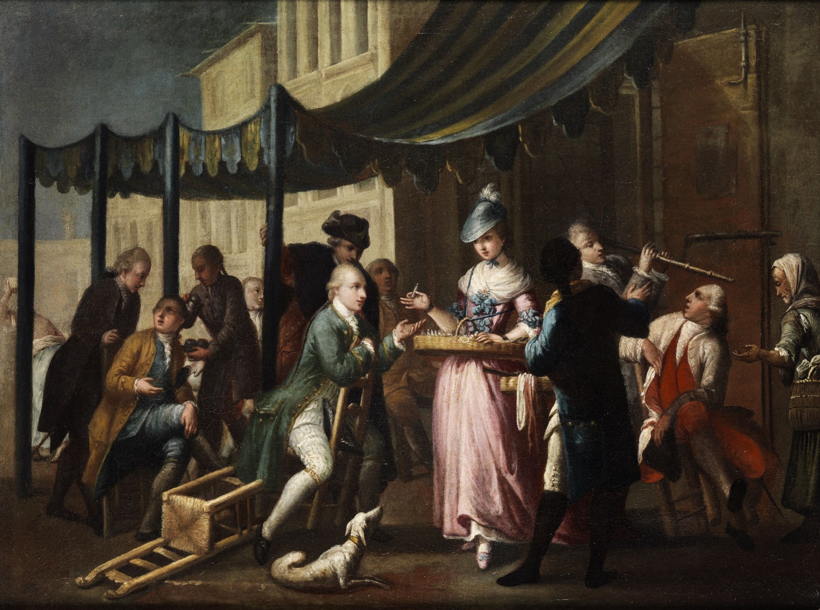 Pietro Fabris, scena di strada napoletana con un giovane signore e una venditrice di biglietti del lotto, Settecento. Pubblico dominio, Wikimedia Commons.