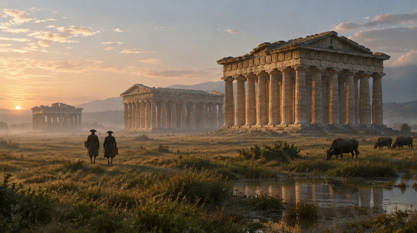 La piana deserta di Paestum il 23 marzo 1787, con le colonne tozze e fitte che a Goethe dapprima parvero sgradevoli: ricostruzione AI (SPUN, 2026).