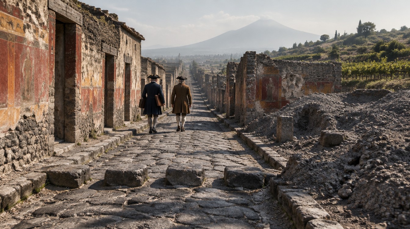 Pompei come la videro Goethe e Tischbein l'11 marzo 1787: vie diritte, case senza finestre, gli scavi ancora aperti fra cumuli di cenere. Ricostruzione AI (SPUN, 2026).