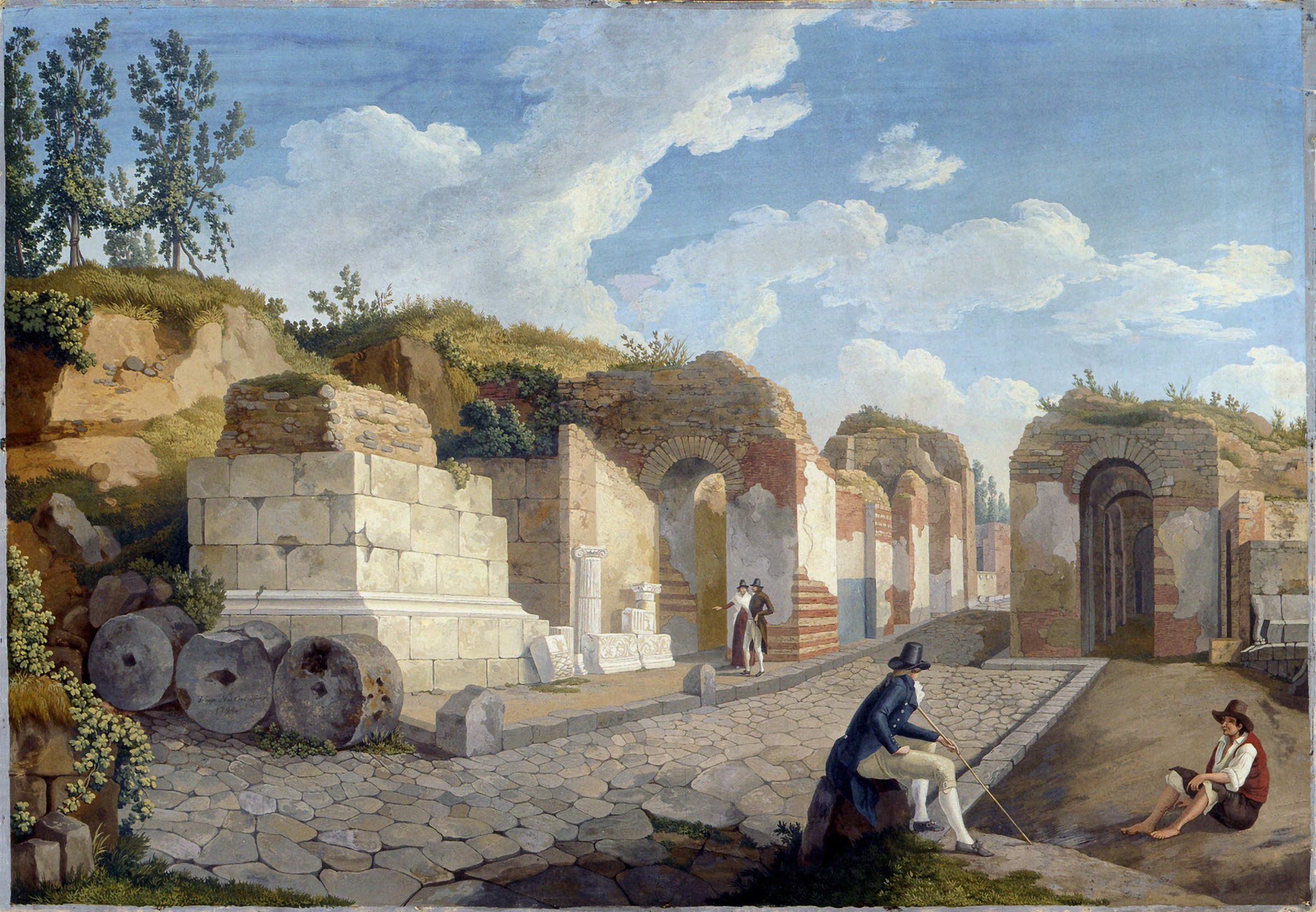 Jacob Philipp Hackert, la Porta Ercolano di Pompei e l'inizio della Via dei Sepolcri, 1794: l'ingresso da cui passò Goethe con Tischbein. Pubblico dominio, Wikimedia Commons.