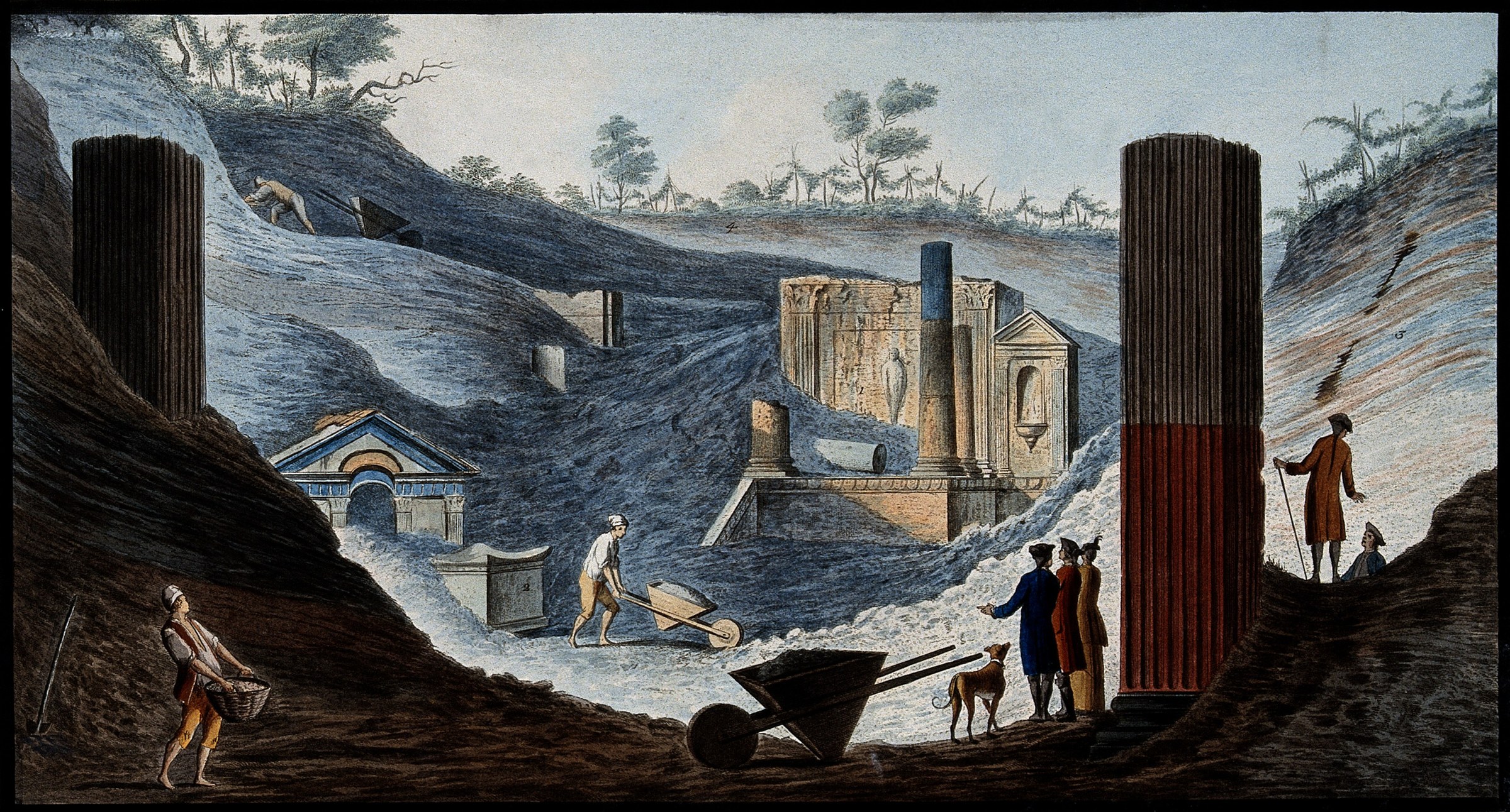 Pietro Fabris, la scoperta del Tempio di Iside a Pompei, dai Campi Phlegraei di William Hamilton, 1776. Esemplare della Wellcome Collection. Wikimedia Commons, CC BY 4.0.