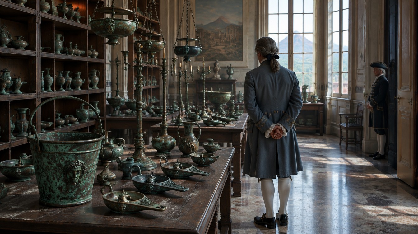 Il museo ercolanese di Portici, 18 marzo 1787: il secchio il cui bordo si alza a formare il manico, lucerne con maschere, candelabri. Qui era vietato disegnare. Ricostruzione AI (SPUN, 2026).