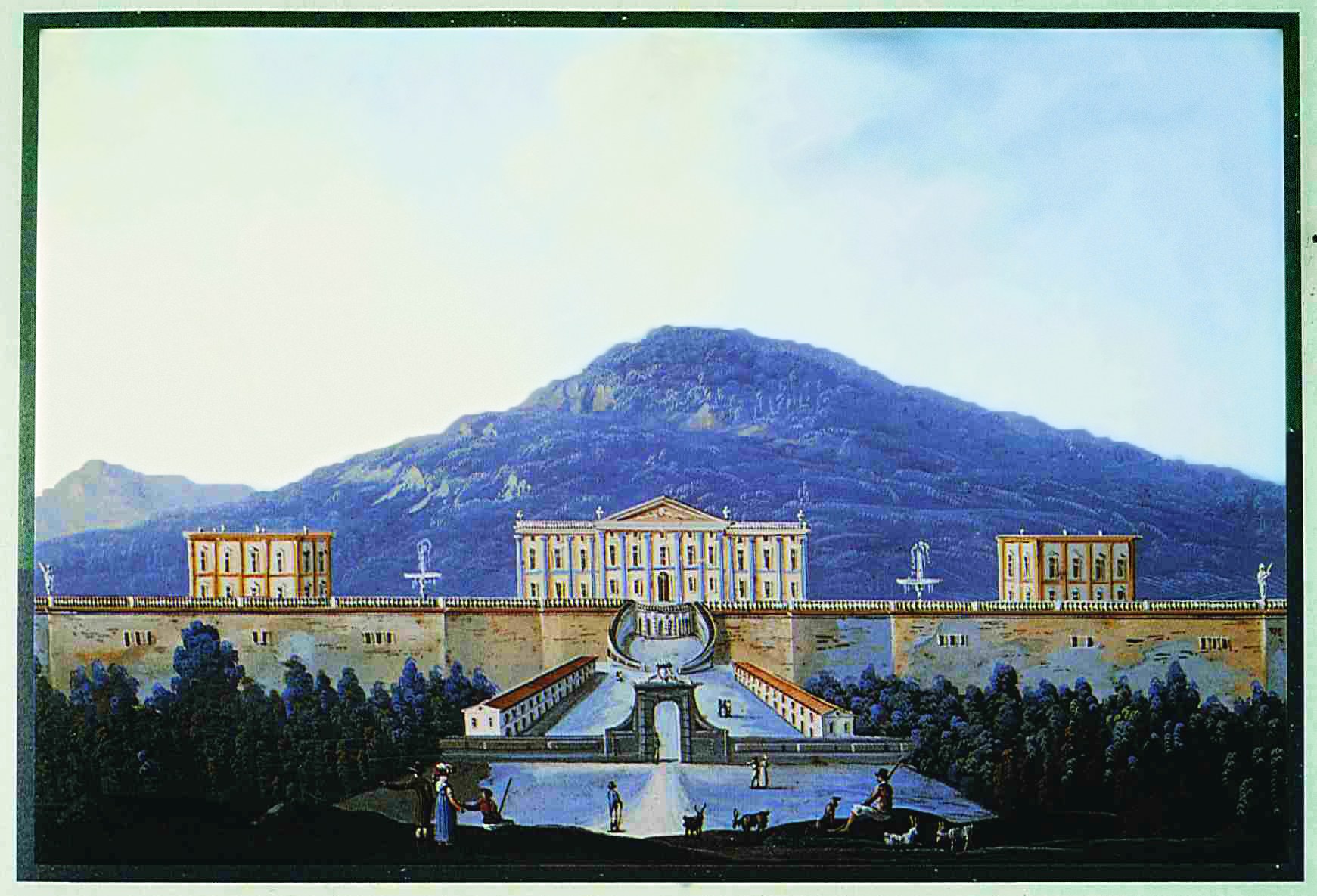 La Reggia di Portici dal lato del mare, con il Vesuvio alle spalle, dipinto anonimo di fine Settecento: la sede dell'Herculanense Museum. Pubblico dominio, Wikimedia Commons.