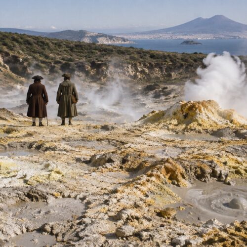 Ricostruzione AI: due viaggiatori di spalle davanti alle fumarole della Solfatara, con il golfo sullo sfondo