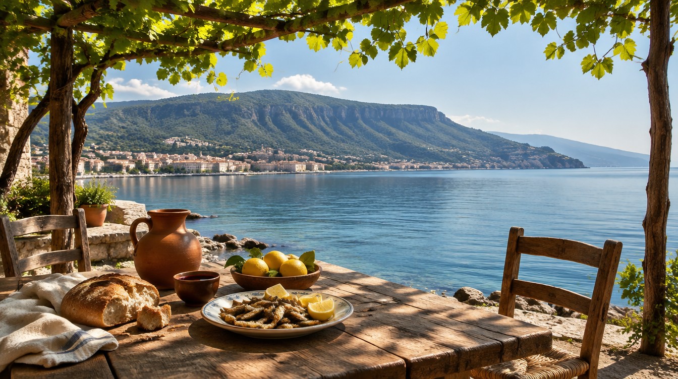 Das bescheidene Mittagessen unter der Weinlaube eines kleinen Gasthauses am Meer in Torre Annunziata, 11. März 1787, gegenüber Castellammare und der Monte Faito. KI-Rekonstruktion (SPUN, 2026).