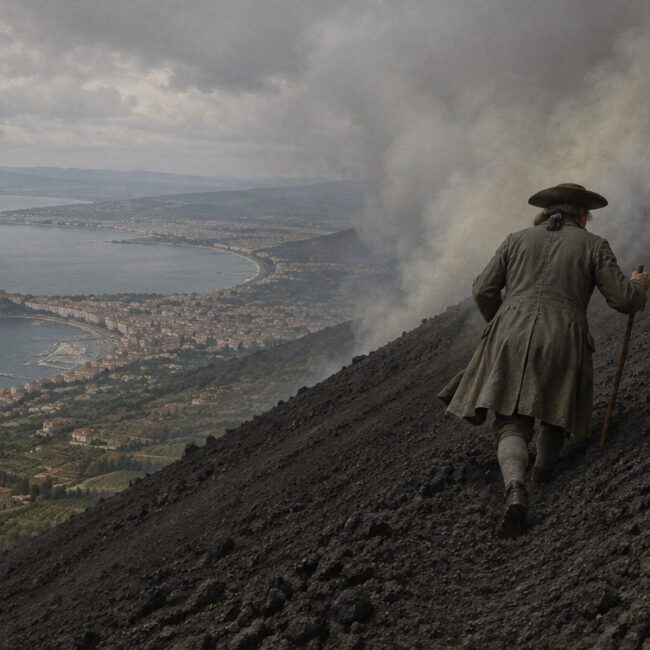 Ricostruzione AI: un viaggiatore settecentesco sale il cono di cenere del Vesuvio nel fumo, con il golfo di Napoli sotto
